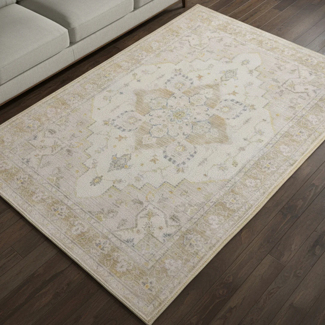 Muddy Mat® Champagne Washable Area Rugs for Living Room, Bedroom & Dining Room – Modern Soft Low Pile Non Slip Carpet – Pet Friendly Waterproof Foldable Rugs for Home